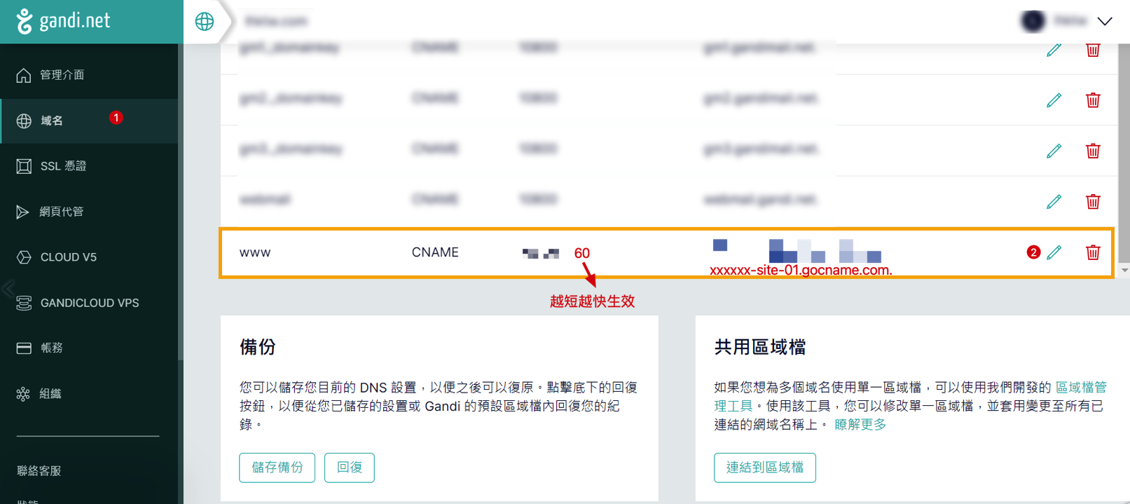 Gandi DNS 設定示意圖